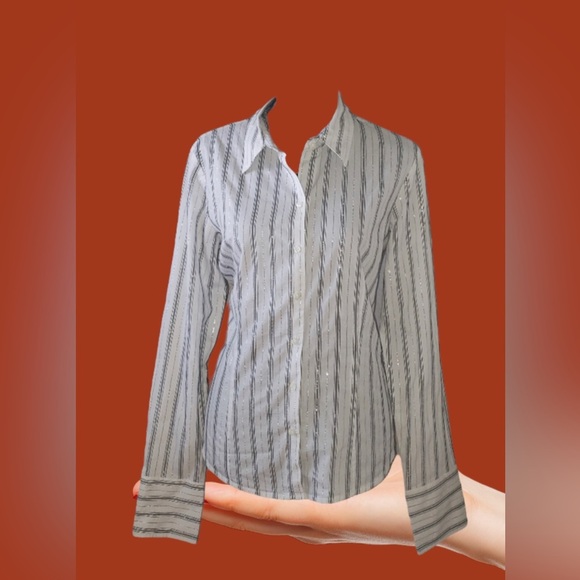 In Vain Button Down Blouse Women's Large White Black Silver Striped Long Sleeve - Picture 8 of 14